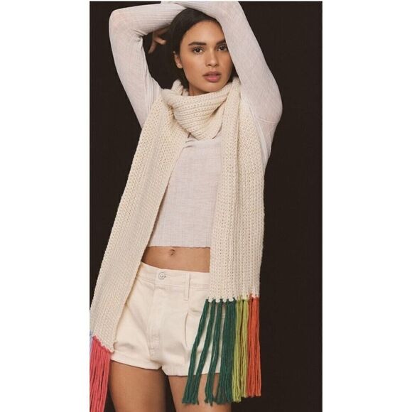 New! By Anthropologie Wool Blend White Rainbow Fringe Chunky Knit Scarf - Picture 3 of 3